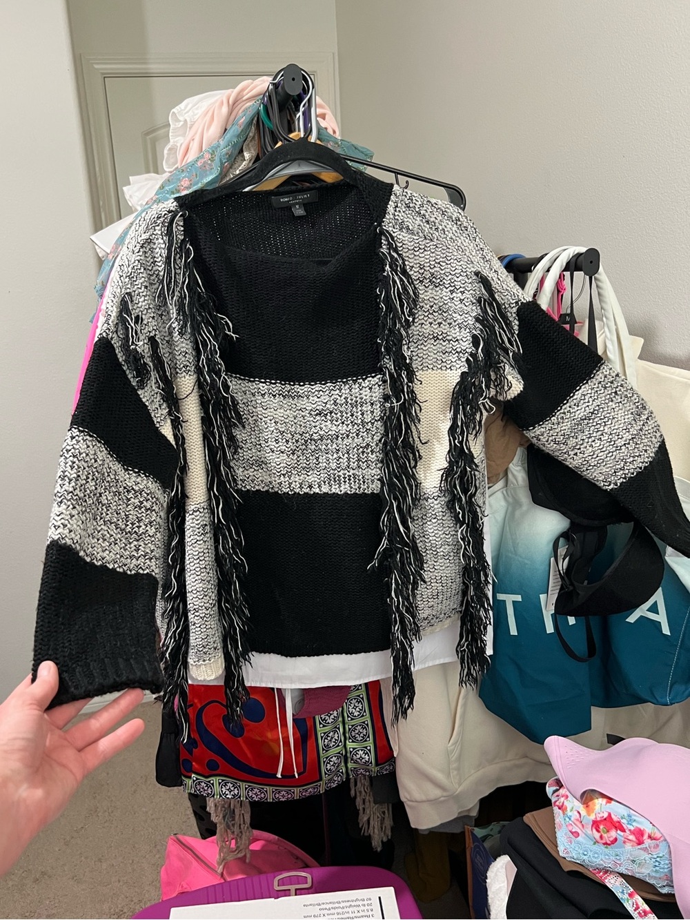 Romeo & Juliet Couture Fringe Colorblock Knit Sweater